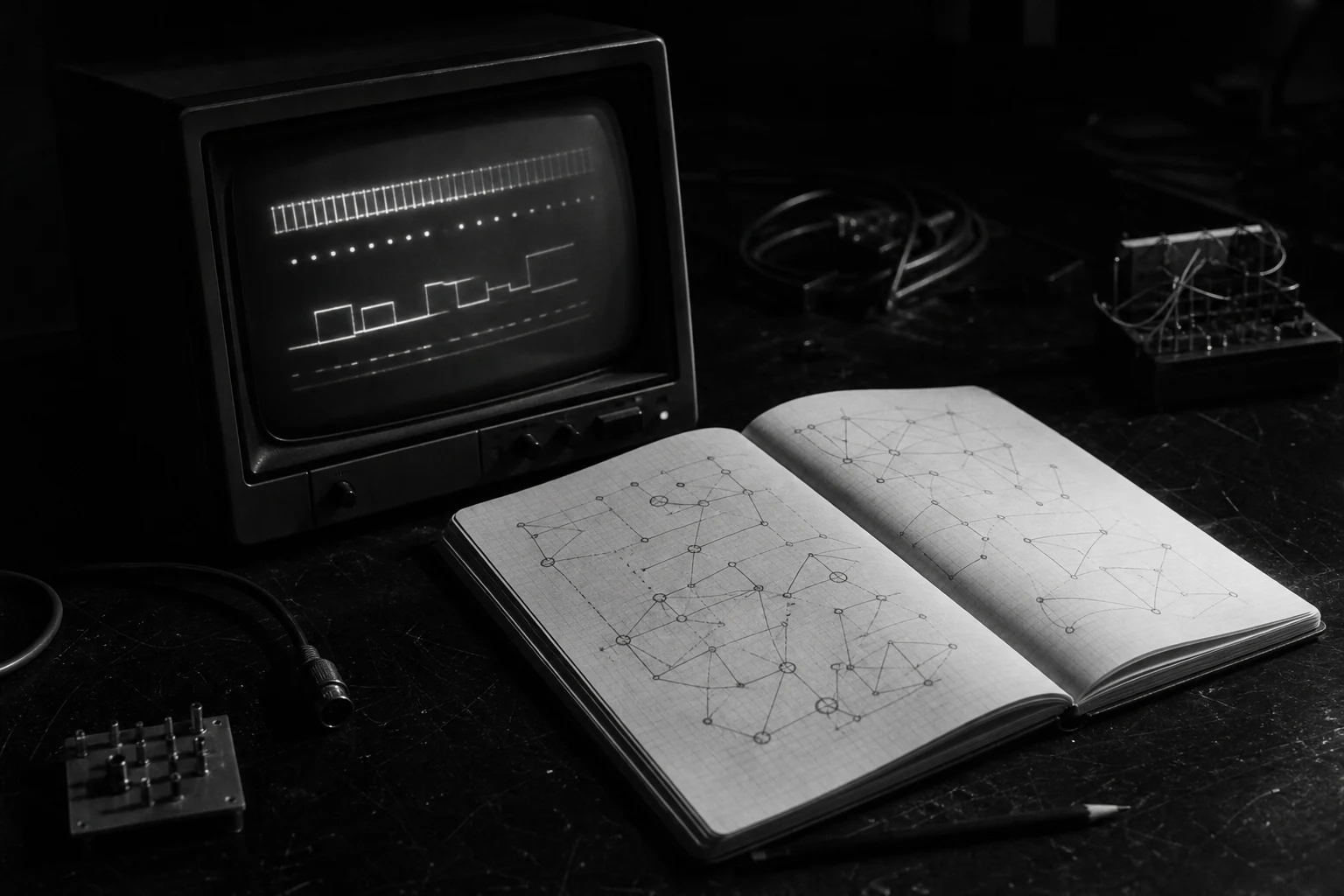 Terminal y libreta en un espacio de trabajo oscuro