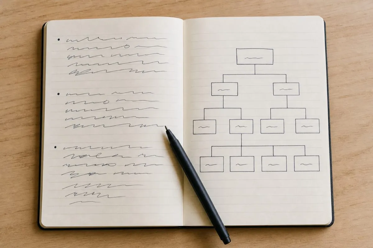 Cuaderno con notas y el primer mapa del sitio